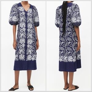 Sea New York Navy White Theodora Paisley Padded Puff Sleeve Cotton Midi Dress M